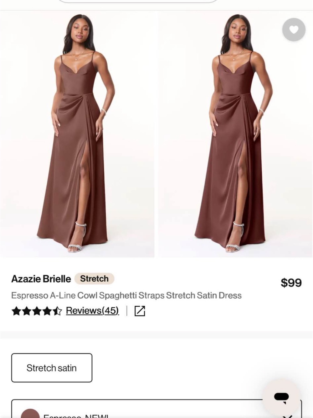 Azazie Brielle Espresso Satin Cowl Neck Maxi Dress